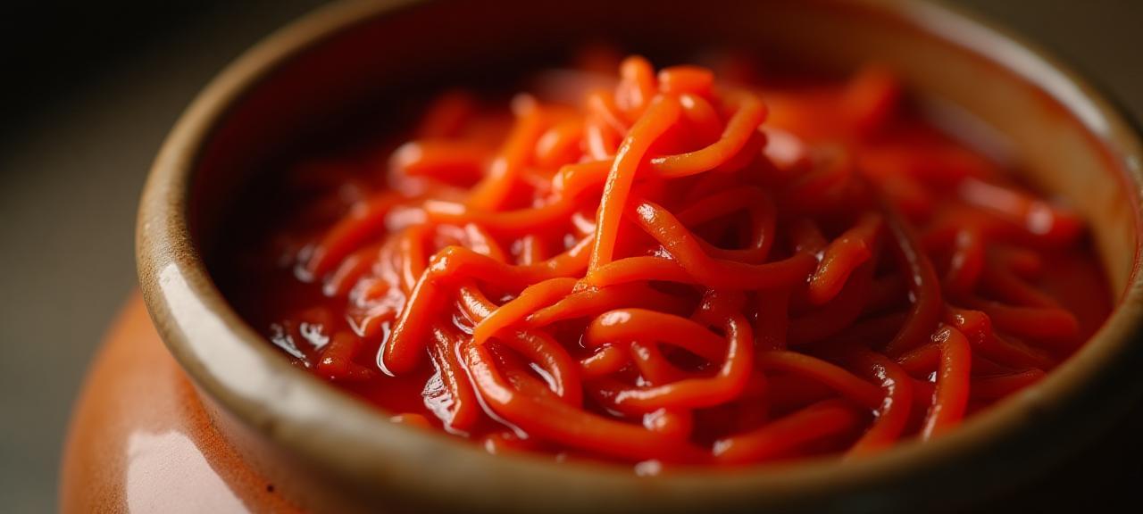전통 김치 항아리의 고해상도 사진, 깊은 붉은색 물결과 자연스러운 질감 표현